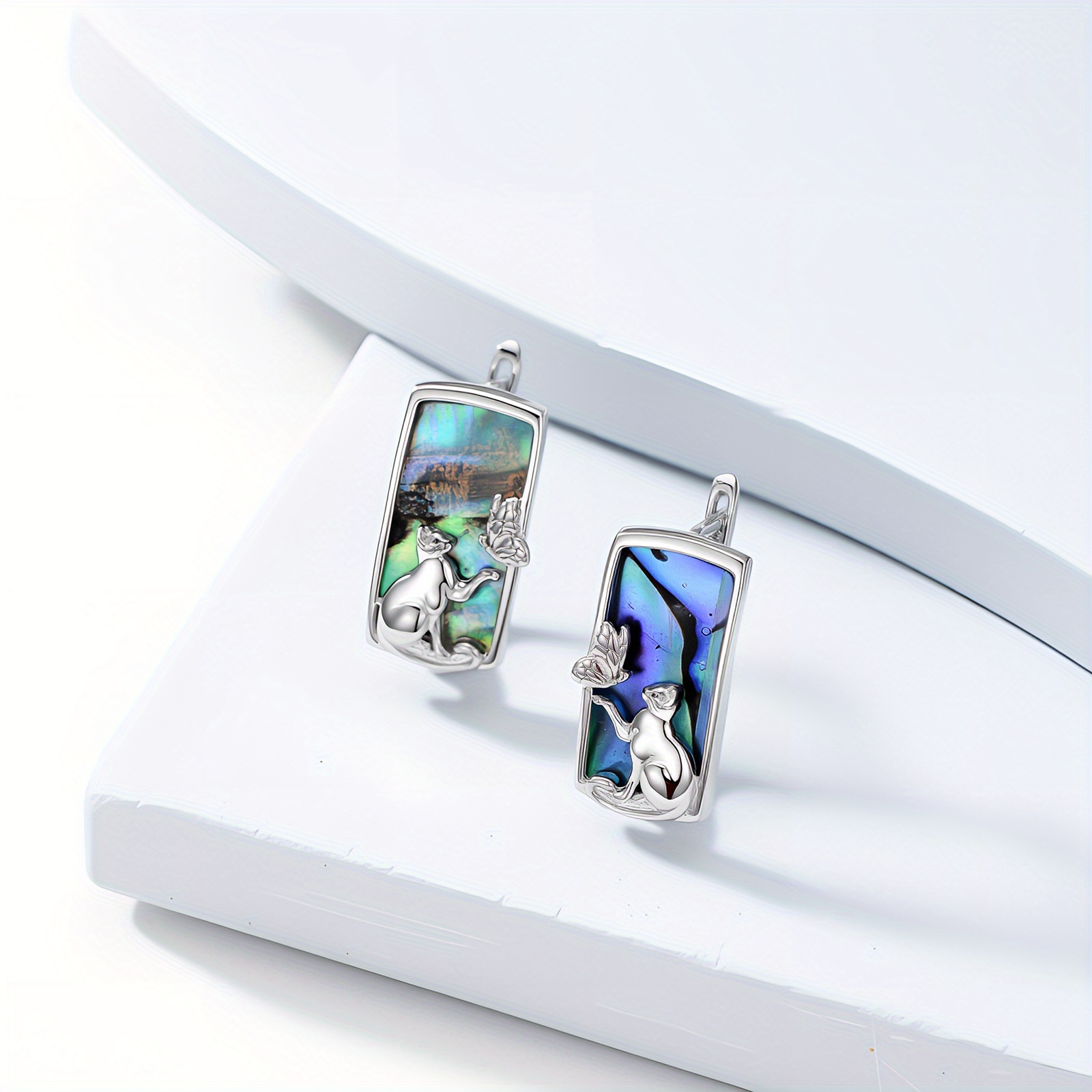 Women's Abalone Shell Cat Dangle Earrings